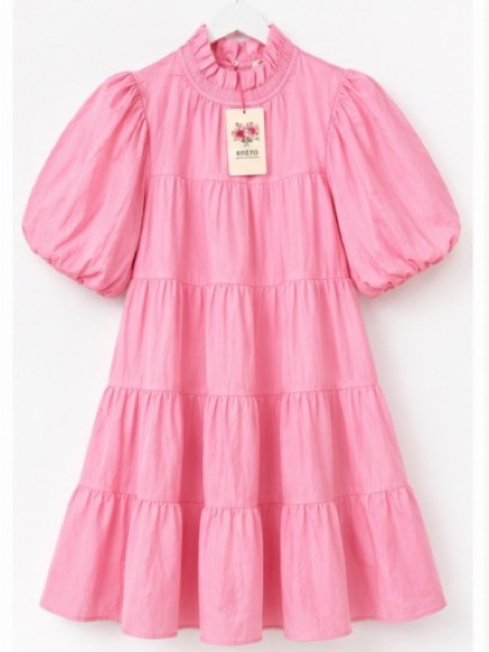 NWT Entro Pink Puff Sleeve Tiered Mini Dress Ruffle Bow Back Boutique Large